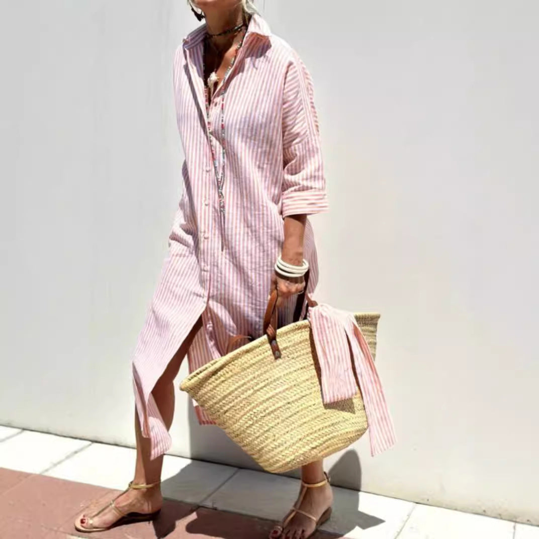 Striped Shirt Dress With Belt Fashion Half-sleeved Lapel Button Cardigan Dresses Women's Garments Apparel / Clothing