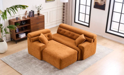 LY-029B WHITE COMPRESSION SOFA Combining Chaise Longue With 3-seater Wood Grain Chenille Fabric, Full Sponge Compression Sofa,combined Sofa With 2 Pillows For Living Home Furniture