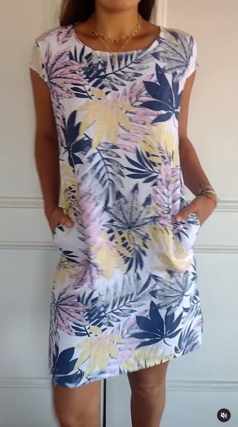 Flower And Leaf Printed Straight Dress Summer Loose Round Neck Short Sleeve Dresses Women's Garments Apparel / Clothing