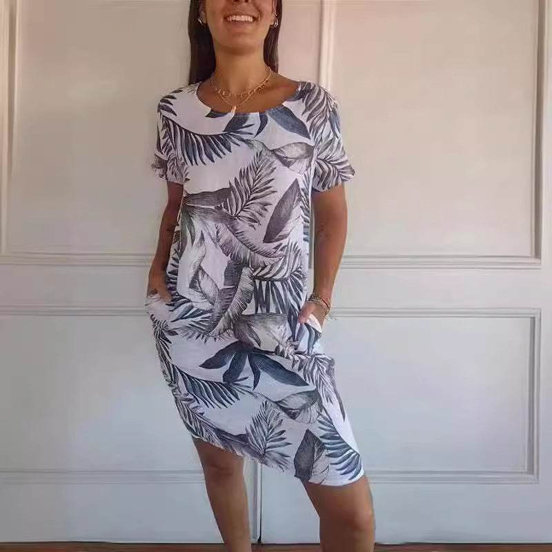 Flower And Leaf Printed Straight Dress Summer Loose Round Neck Short Sleeve Dresses Women's Garments Apparel / Clothing