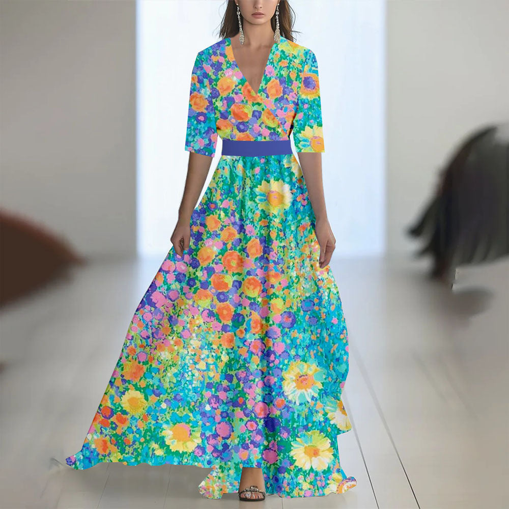Printed Long Sleeved V-neck Patchwork Dress Women's Garments Apparel / Clothing