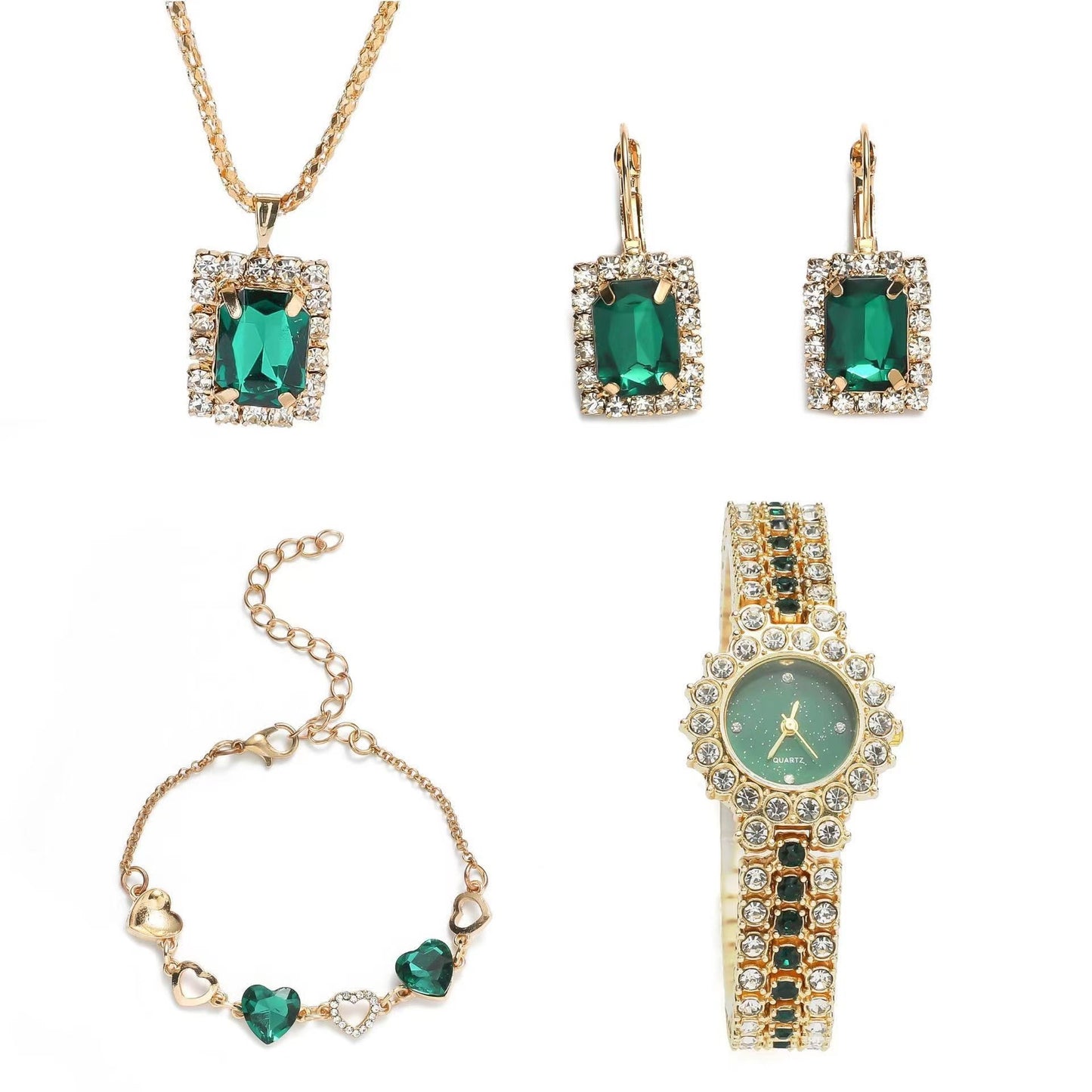 Popular Small Green Watch Women's Steel Belt Quartz Watch Ring Gift Set Boxed Five-piece Set Jewelry/Accessories