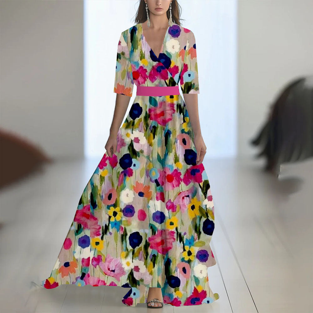 Printed Long Sleeved V-neck Patchwork Dress Women's Garments Apparel / Clothing