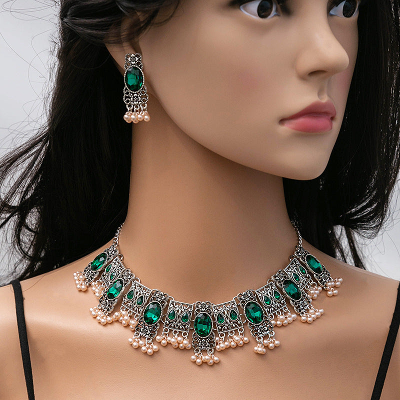 Vintage Emerald Earrings Ethnic Style Square Tassel Bead Pendant Jewelry Suit Jewelry/Accessories