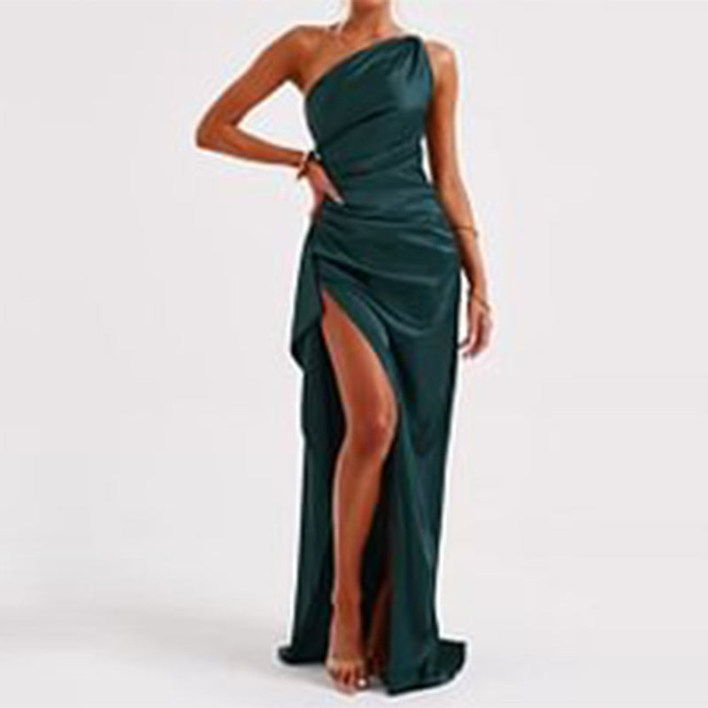 Sexy One-shoulder Backless Slit Dress Summer Elegant Slim-fit Solid Color Satin Dresses For Women's Garments Apparel / Clothing