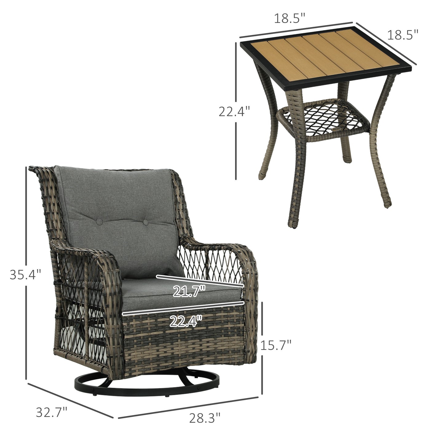 3 Piece Outdoor Bistro Set, Wicker Small Patio Set With Swivel Glider Chairs For Balcony, Porch, Gray Outdoor Garden Patio Furniture