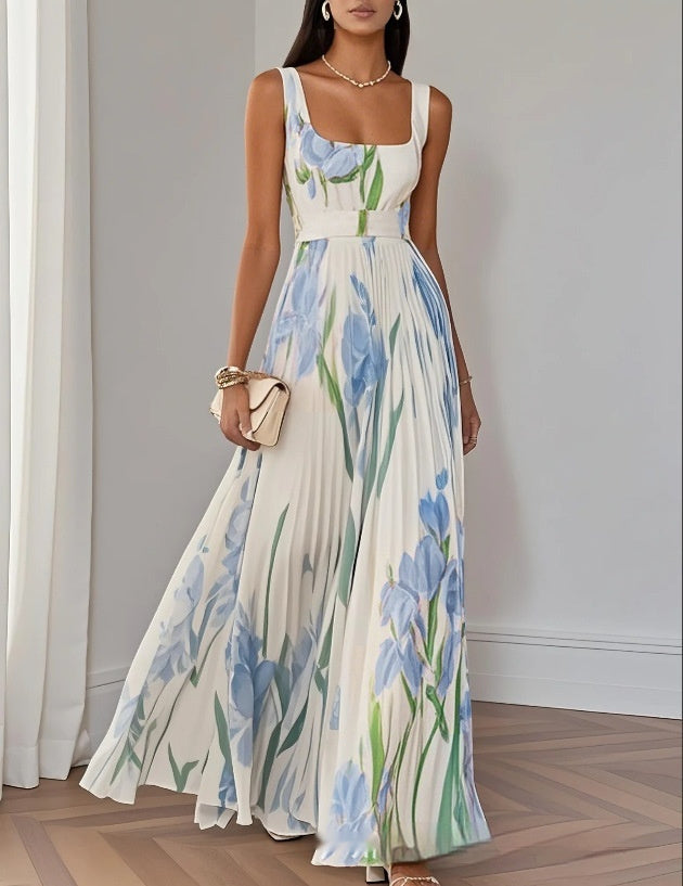 European And American Pleated Printing Dress Women's Garments Apparel / Clothing