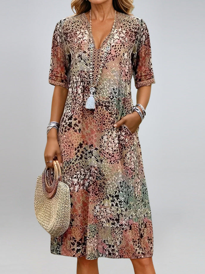 Summer V-neck Half-sleeved Dress With Pockets Fashion Ethnic Print Dresses Beach Holiday Women's Garments Apparel / Clothing