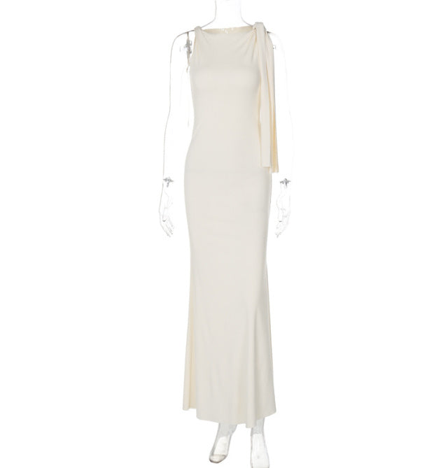 One-shoulder Ribbon Long Dress Ins Fashion Slim Sleeveless Dresses For Evening Party Club Women's Garments Apparel / Clothing