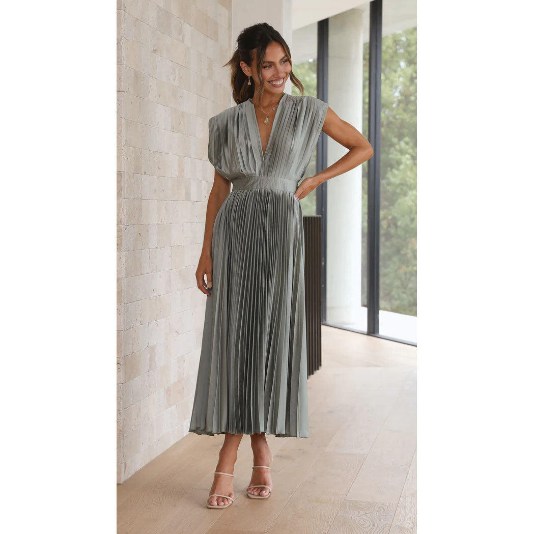 Summer V-neck Pleated Dress INS Fashion Casual Loose Zip Sleeveless Dresses For Women's Garments Apparel / Clothing
