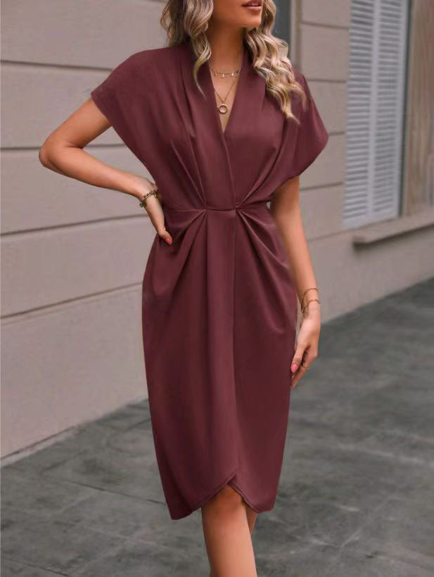 Summer Batwing Sleeve Dress Fashion V-neck Short Sleeve Pleated Dresses Women's Garments Apparel / Clothing