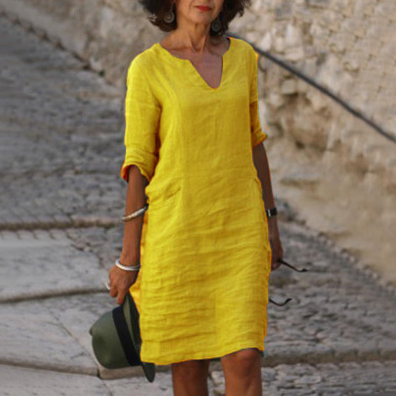 Cotton And Linen V-neck Dress Summer Stitching Retro High Waist Pure Color Dresses Women's Garments Apparel / Clothing