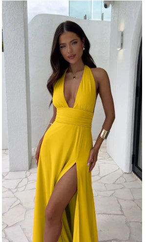 Sexy Halterneck V-neck Slit Dress Summer Backless Strappy Skirt Fashion Temperament Women's Garments Apparel / Clothing