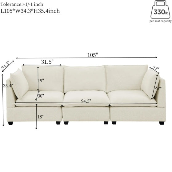 3-Piece Chenille Fabric Upholstered Living Room Furniture Set, Including 3-Seater Sofa AndV2 Loveseat Sofa With Seat And Back Cushion Beige White Furniture