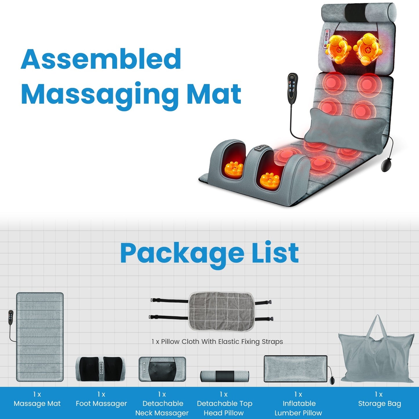 1Set Full Body Electric Massage Mat Heating Vibration Massage Pad Cushion Back Massage Mattress Chair Pad With Neck Foot Massage Head Pillow And Cloth Lumbar Pillow Timer Anti-Slip Bottom Home Essentials