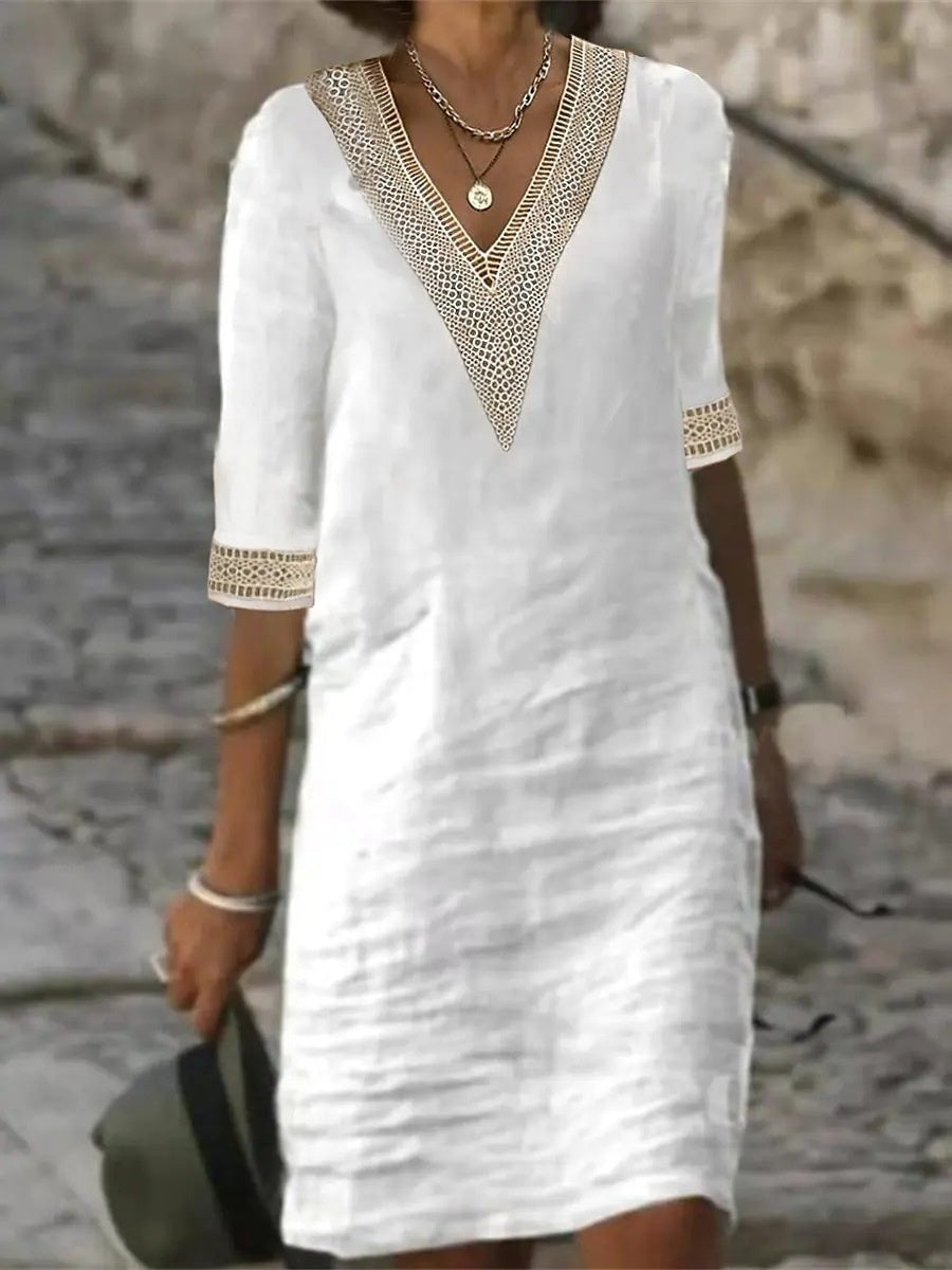 V-neck Half Sleeves Loose Casual Dress Women's Garments Apparel / Clothing