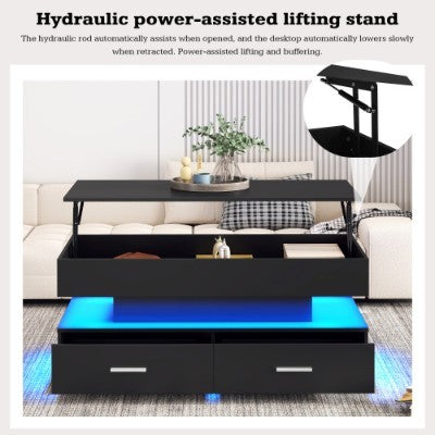 Hydraulic Lift Top Coffee Table, LED Coffee Tables With Storage For Living Room, Coffee Table With 2 Drawers & LED Light For Dining Reception Room, Black Furniture