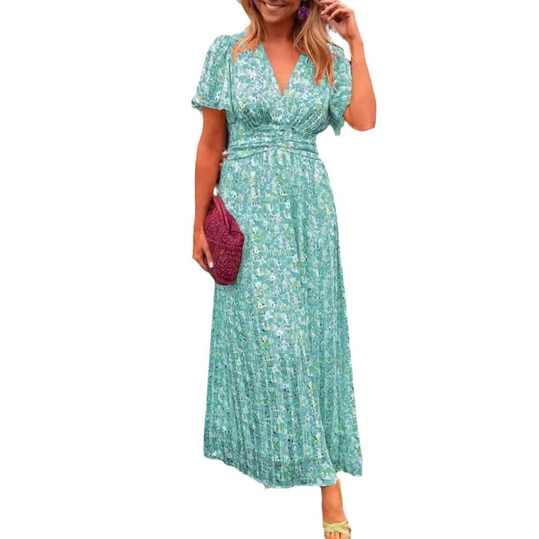 Printed Waist-controlled V-neck Dress Women's Garments Apparel / Clothing
