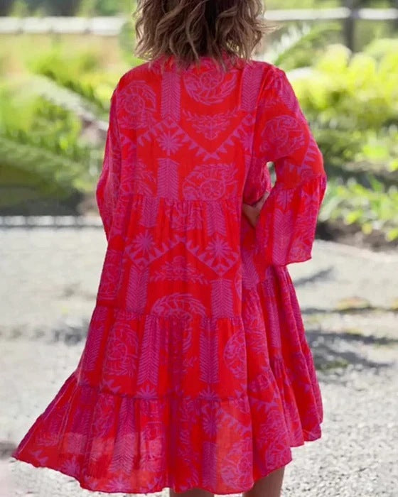 V-neck Flared Sleeve Cake Style Patchwork Dress Women's Garments Apparel / Clothing