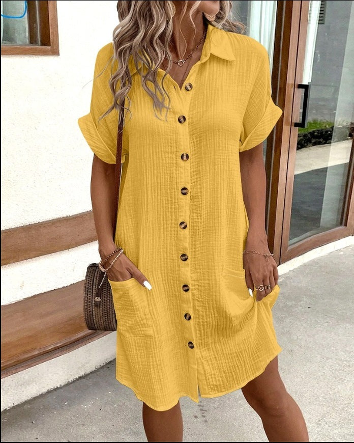 Summer Short Sleeve Shirt Dress Fashion Solid Color Single-breasted Mid-length Loose Dress Women's Garments Apparel / Clothing