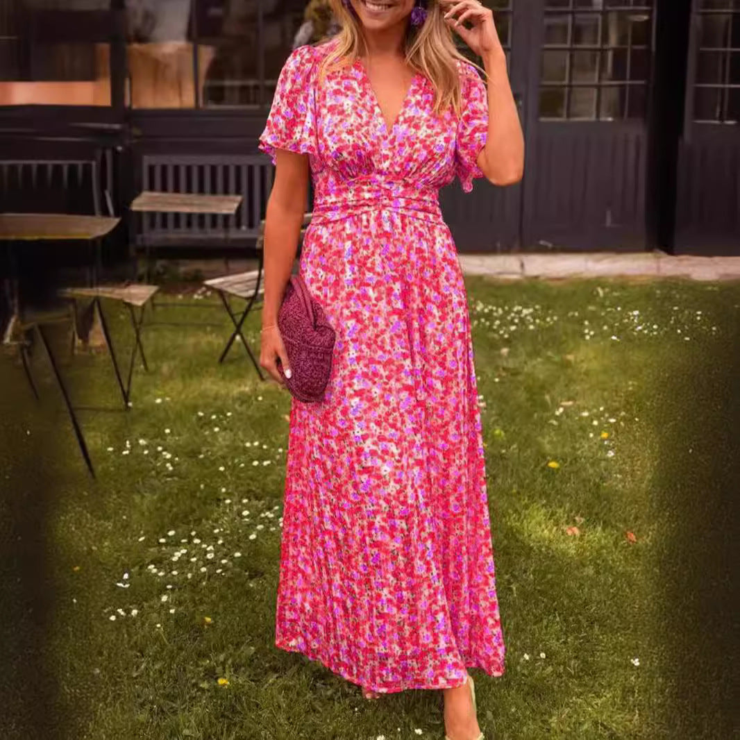 Printed Waist-controlled V-neck Dress Women's Garments Apparel / Clothing