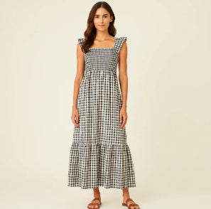 Summer Plaid Print Pleated Ruffle Dress INS Fashion Sleeveless A-line Swing Beach Dress Women's Garments Apparel / Clothing