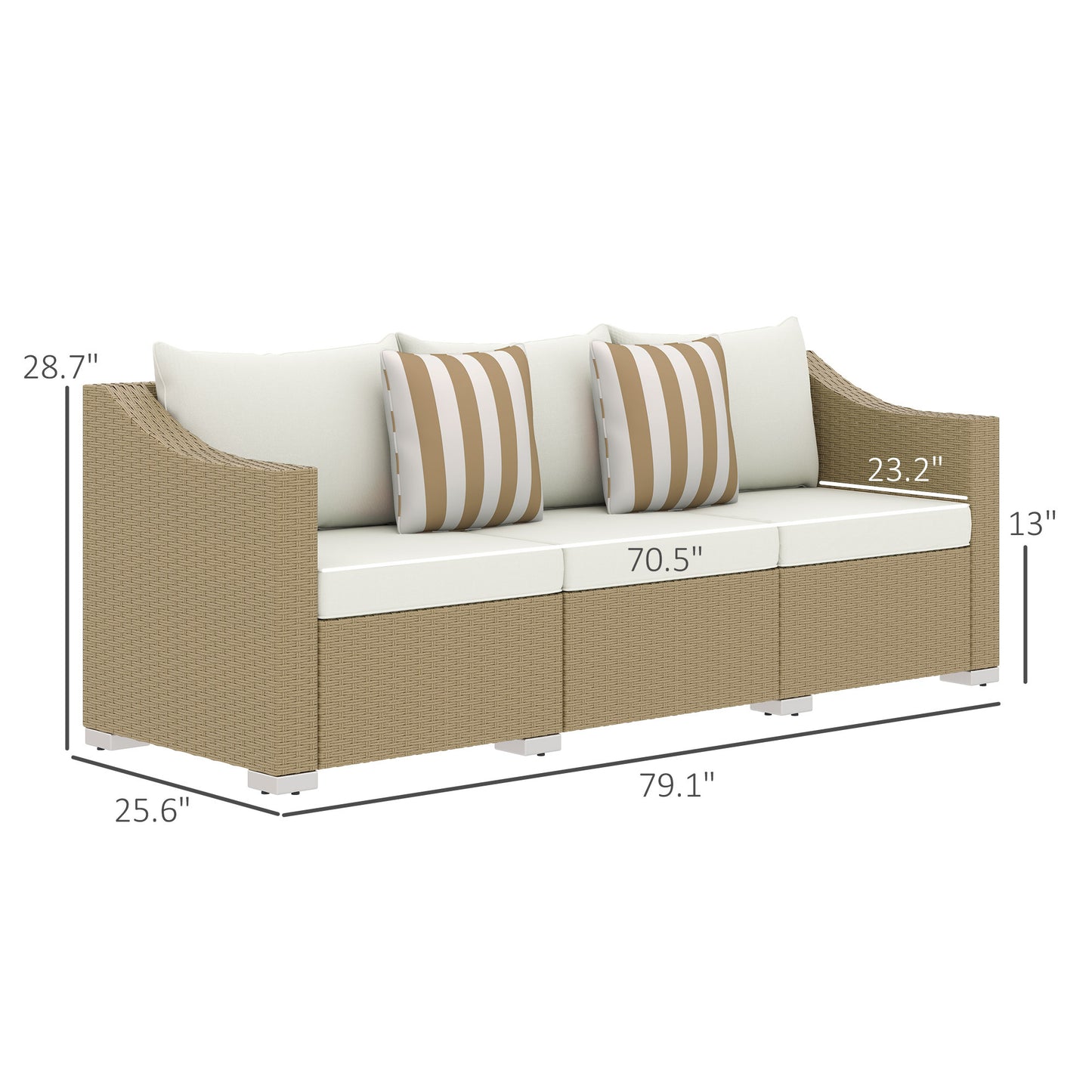 Rattan Wicker 3 Seater Patio Couch With Cushions, 2 Throw Pillows, Rattan Sofa, Cream White Outdoor Garden Patio Furniture