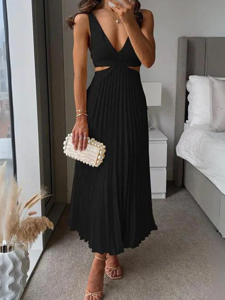 Ins Suspender Pleated Long Dress With Hollow-waisted Design Fashion V-neck Backless Dresses Summer Women's Garments Apparel / Clothing