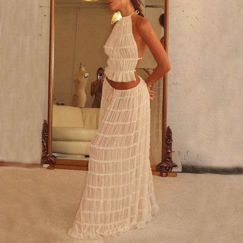 2pcs Women's Dress Suit Sexy Sleeveless Backless Cropped Halter Top And Pleated Long Skirt Beach Women's Garments Apparel / Clothing