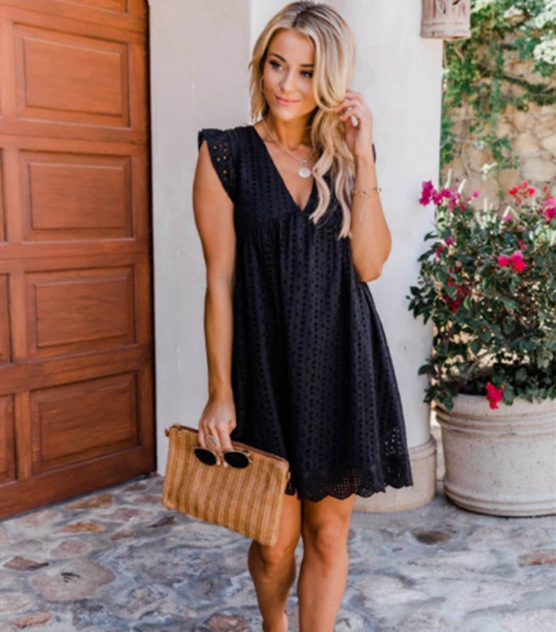 Lace Dresses With Pocket Summer Sleeveless Jacquard Cutout V-Neck Beach Dress Women's Garments Apparel / Clothing