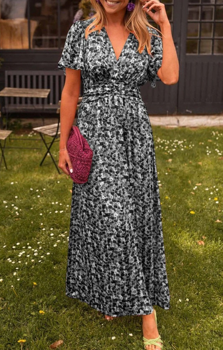 Printed Waist-controlled V-neck Dress Women's Garments Apparel / Clothing