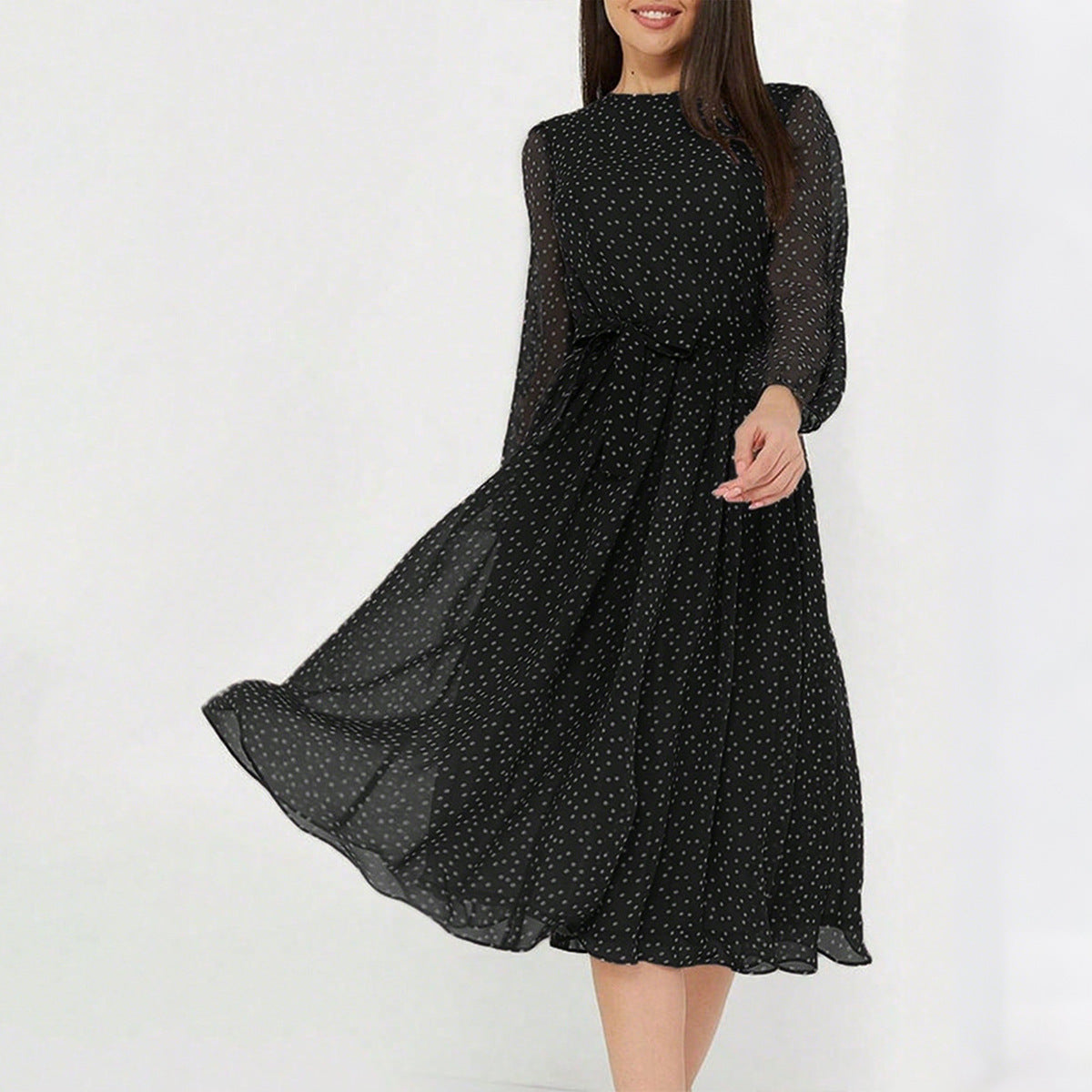 European And American Leisure Vacation Style Polka Dot Long Sleeve Maxi Dress Women's Garments Apparel / Clothing