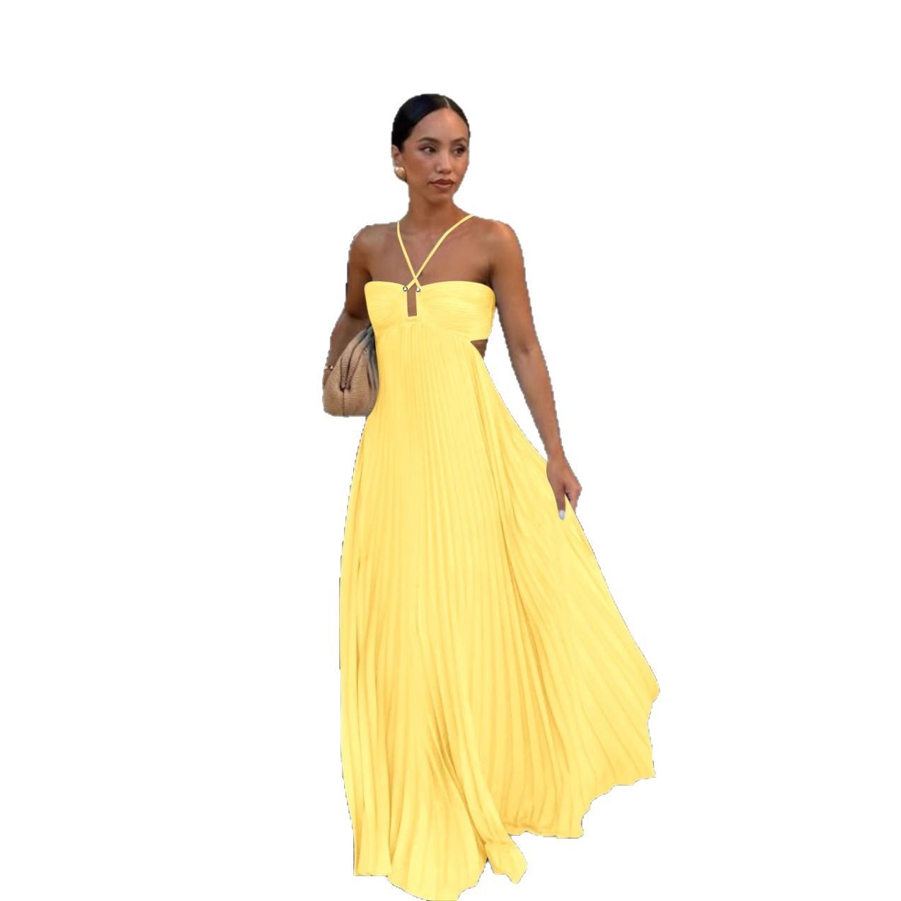 Ins Pleated Sleeveless Sling Dress Hollow High Waist Halter Robe Dresses For Evening Party Club Women's Garments Apparel / Clothing