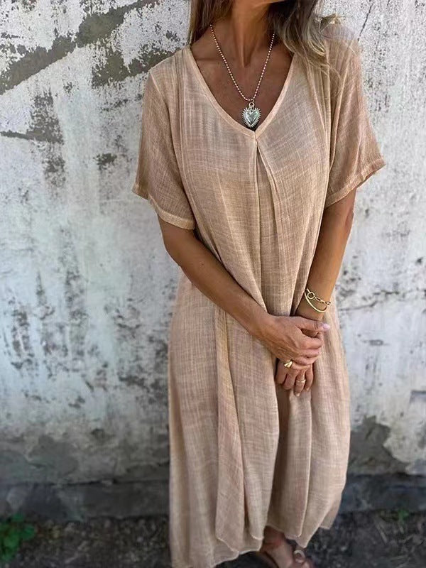 Women's Fashion Temperament Cotton Linen V-neck Semi-formal Dress Women's Garments Apparel / Clothing