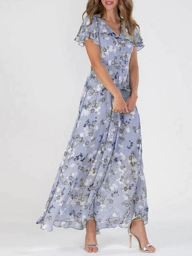Flowers Print Short Sleeve Dress Summer Fashion Ruffle Beach Dresses Women's Garments Apparel / Clothing