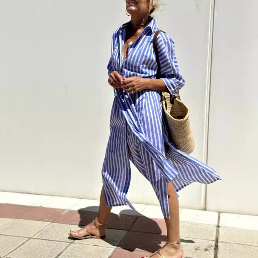Striped Shirt Dress With Belt Fashion Half-sleeved Lapel Button Cardigan Dresses Women's Garments Apparel / Clothing