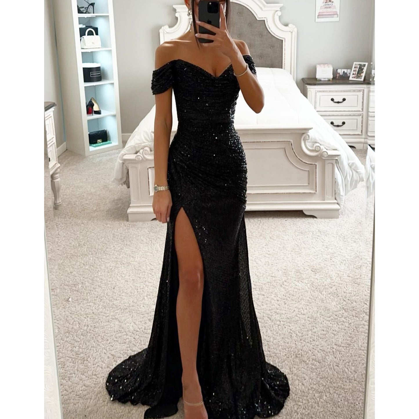 Party Sequins Off-neck Split Dress INS Casual Fashion Dress Women's Garments Apparel / Clothing