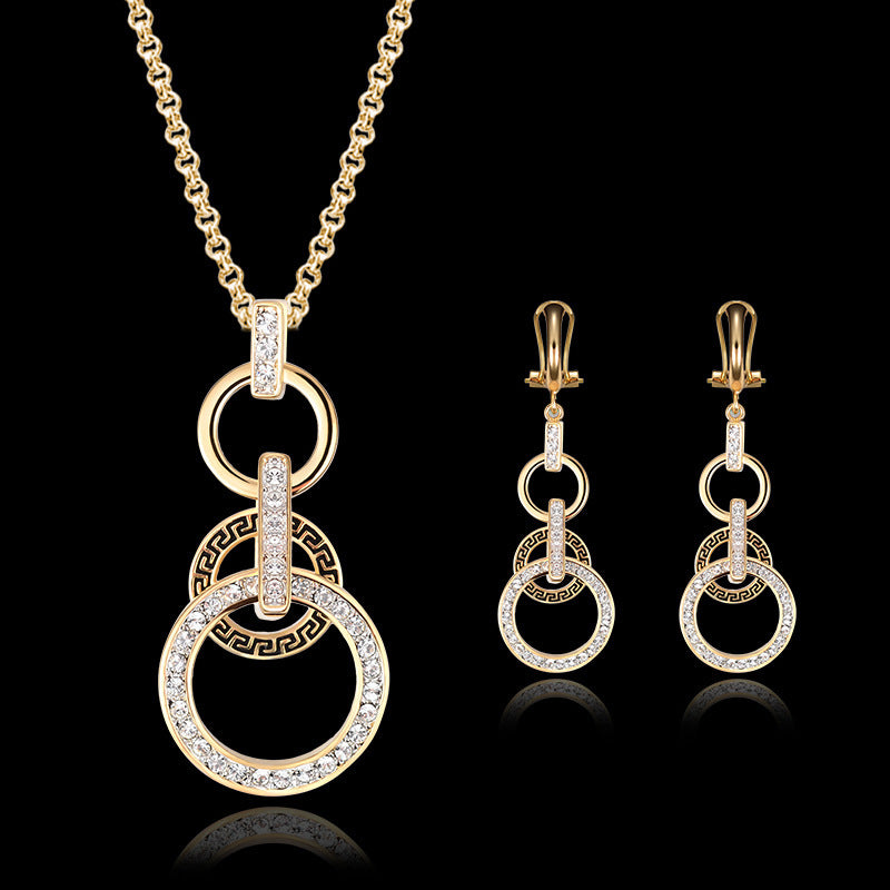 Women’s Zircon Necklace & Earrings Set, Roman Circle Design, 18K Gold Jewelry Accessories