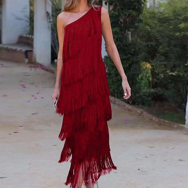 Women's Solid Color Diagonal Collar Multi-layer Tassel Stitching Design Dress Women's Garments Apparel / Clothing