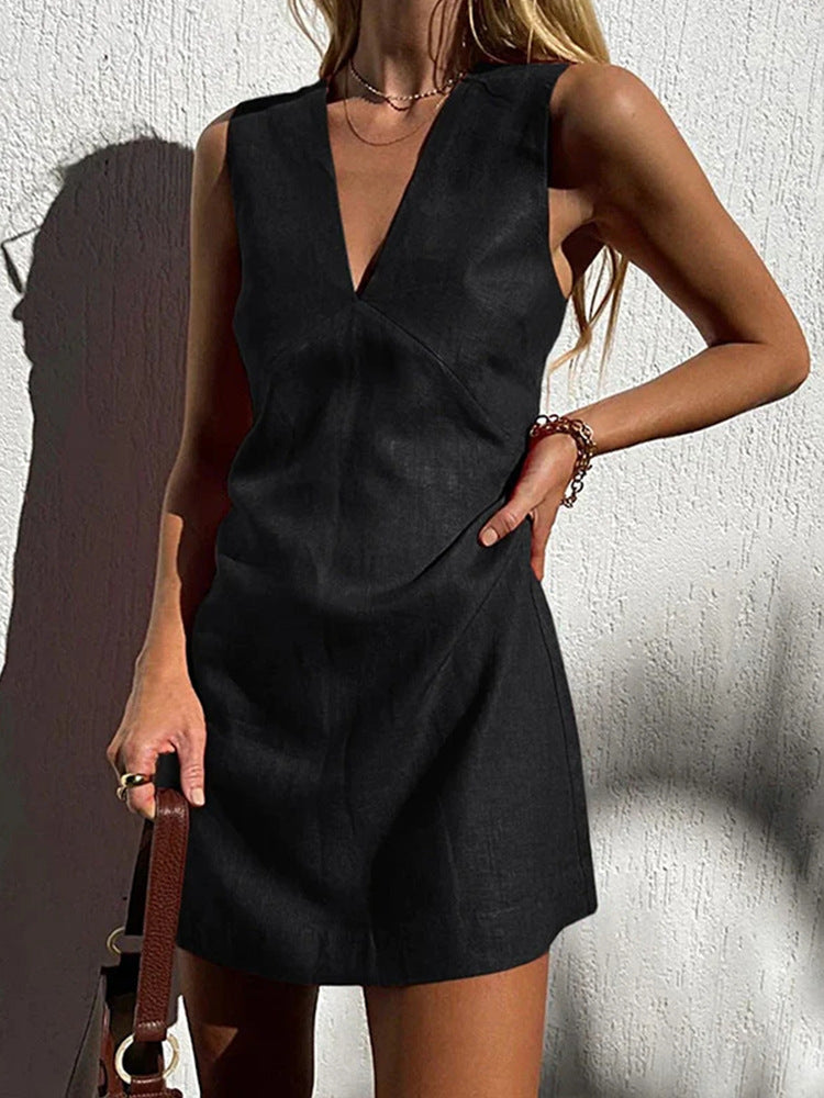 V-neck Cotton And Linen Sleeveless Dress Women's Solid Color Vest Short Skirt Women's Garments Apparel / Clothing