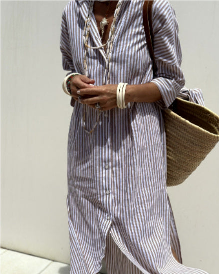 Striped Shirt Dress With Belt Fashion Half-sleeved Lapel Button Cardigan Dresses Women's Garments Apparel / Clothing