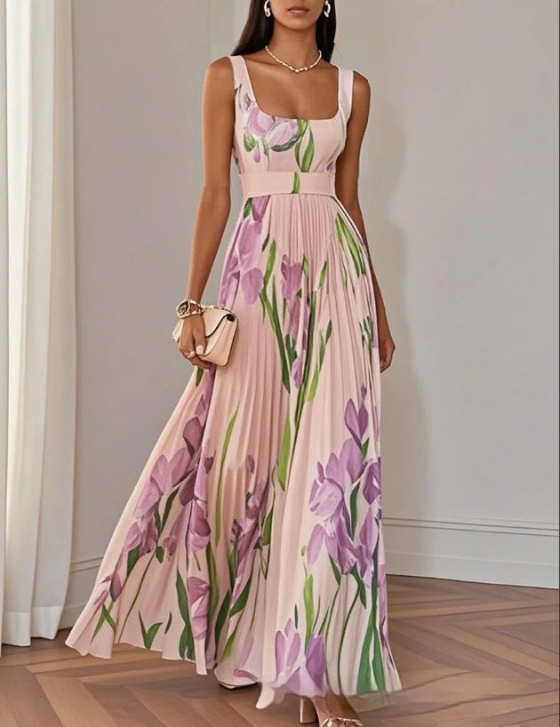 European And American Pleated Printing Dress Women's Garments Apparel / Clothing