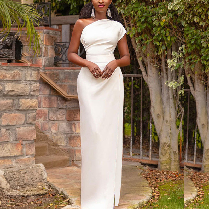 Women's One-shoulder High Waist Front Slit Temperament Dress Women's Garments Apparel / Clothing