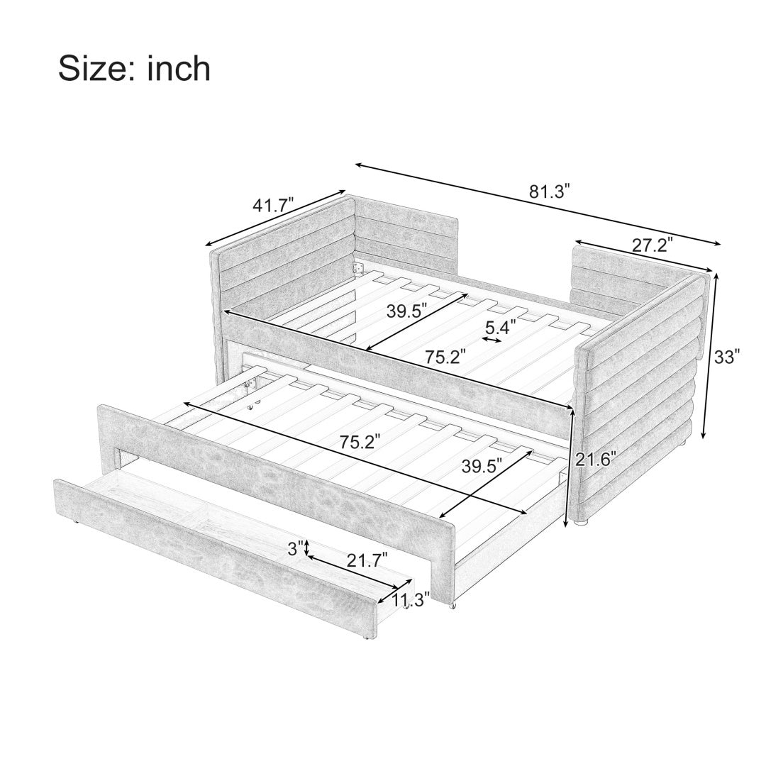 Twin Size Upholstered Daybed With Trundle And 3 Storage Drawers, Chenille Fabric Sofa Bed For Guest Room, Living Room, Space-Saving Modern Day Bed Frame, No Box Spring Needed Furniture