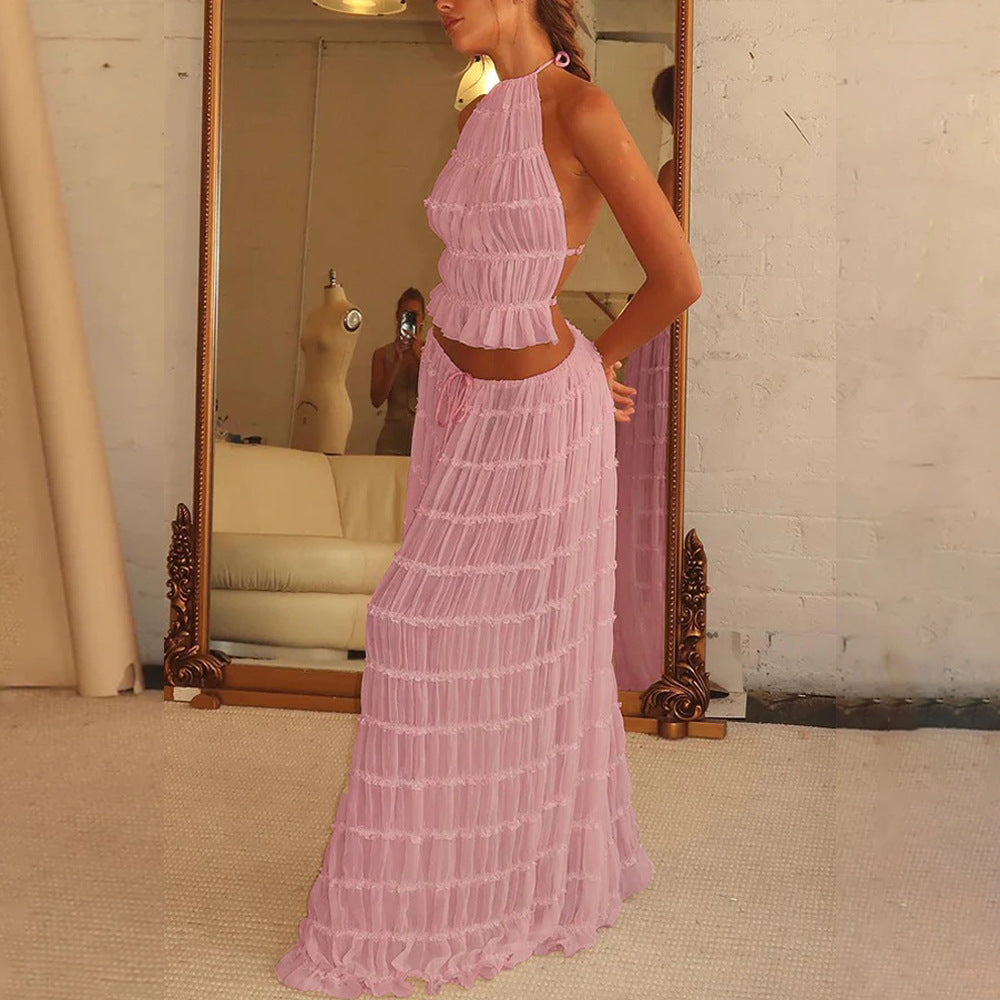 2pcs Women's Dress Suit Sexy Sleeveless Backless Cropped Halter Top And Pleated Long Skirt Beach Women's Garments Apparel / Clothing