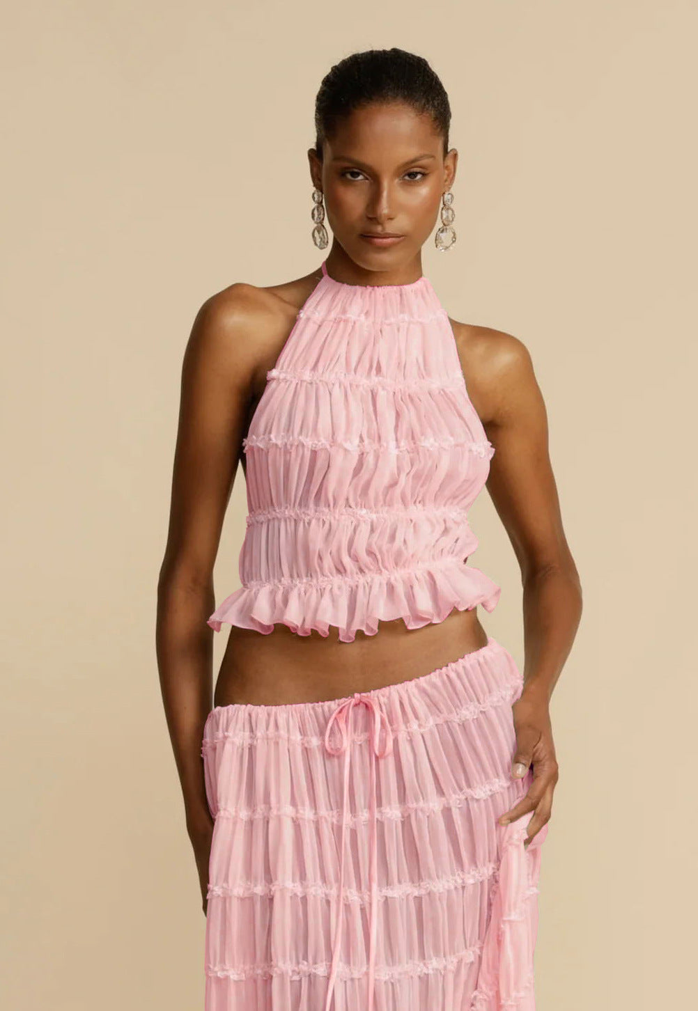 2pcs Women's Dress Suit Sexy Sleeveless Backless Cropped Halter Top And Pleated Long Skirt Beach Women's Garments Apparel / Clothing