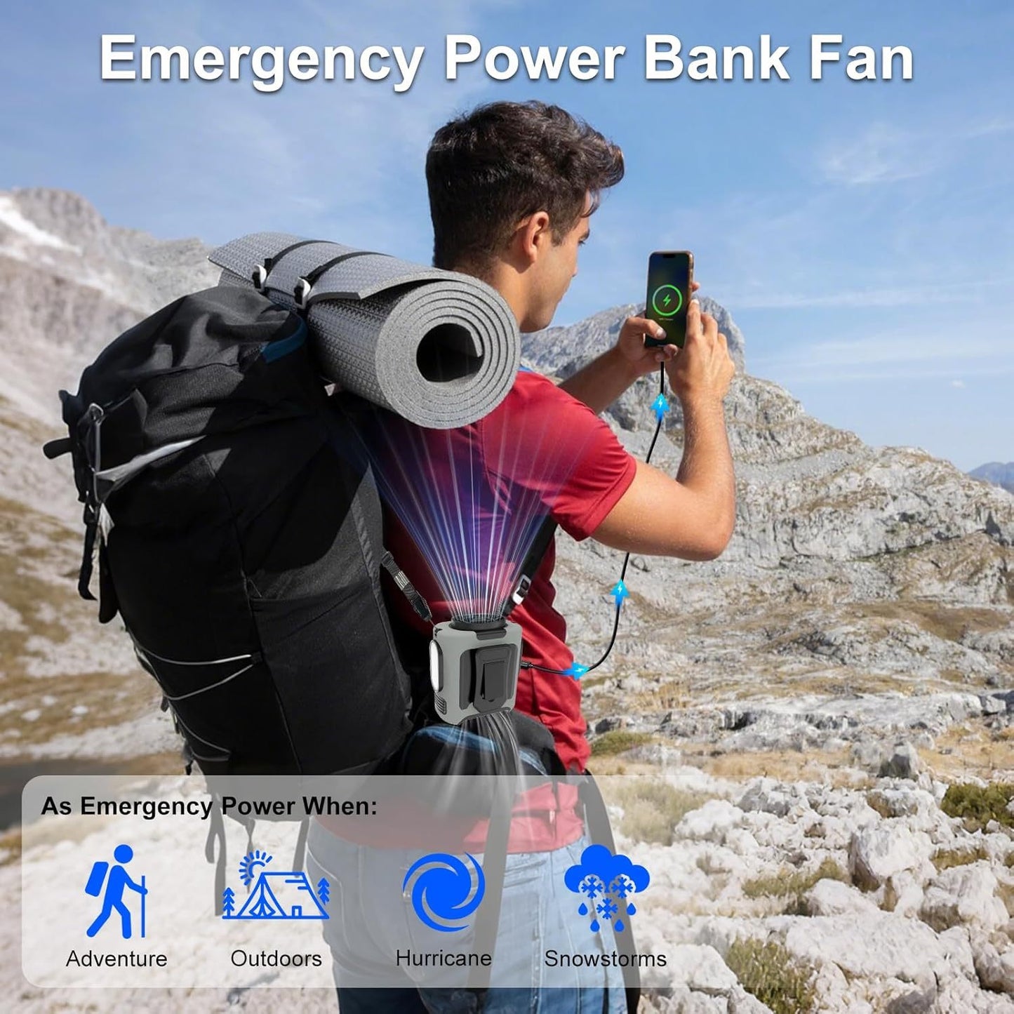 10000mAh Portable Waist Fan, Clip On Wearable Belt Personal Fan, Rechargeable Battery Powered, With 5 Speed Levels And A Flashlight, Suitable For Outdoor Camping And Traveling Gray Appliances Home Essentials