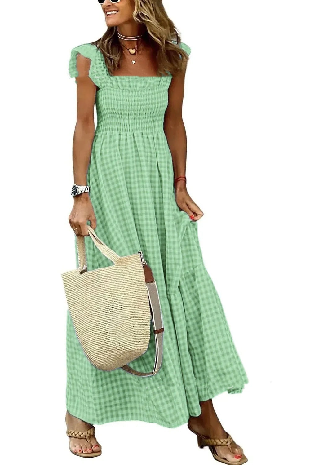 Summer Plaid Print Pleated Ruffle Dress INS Fashion Sleeveless A-line Swing Beach Dress Women's Garments Apparel / Clothing