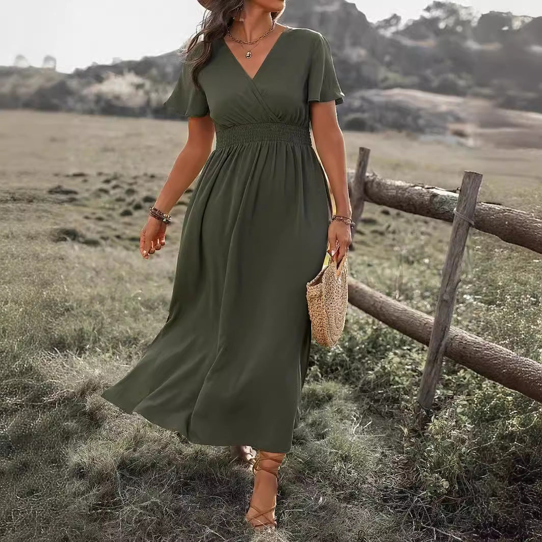 Solid Color And V-neck Bell Sleeve Elastic And Waisted Slimming Slit Long Dress Women's Garments Apparel / Clothing