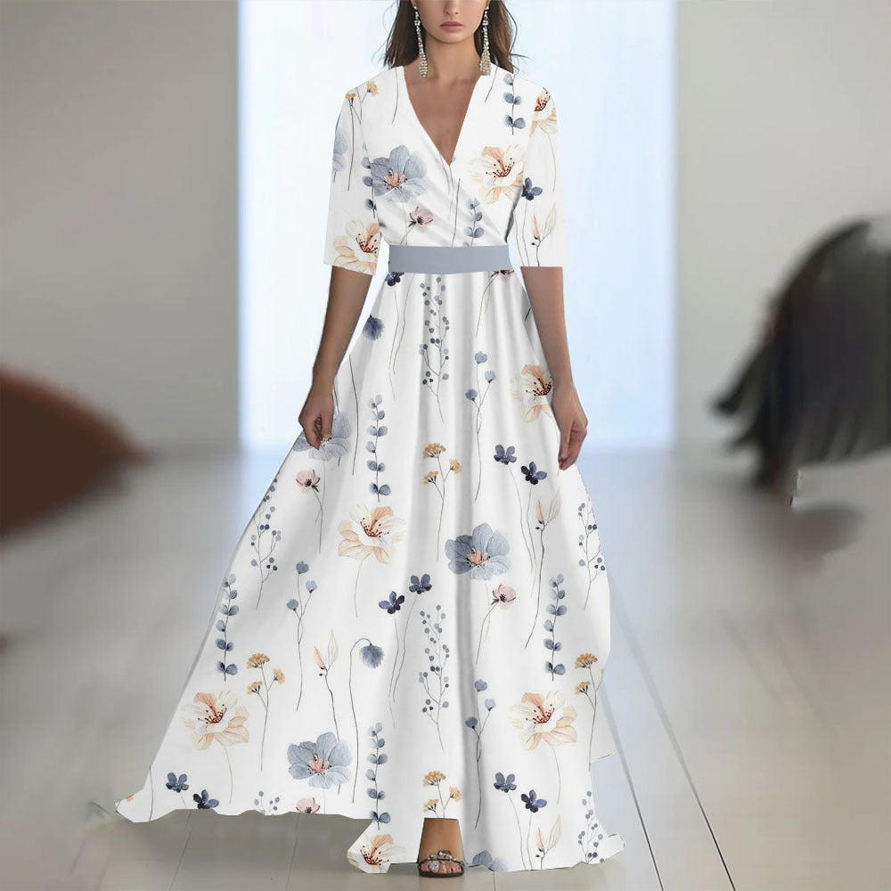 Printed Long Sleeved V-neck Patchwork Dress Women's Garments Apparel / Clothing